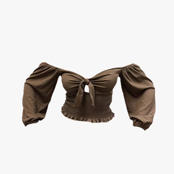 (NWT) Smocked Keyhole Off-Shoulder Top - Brown - Picture 2 of 4